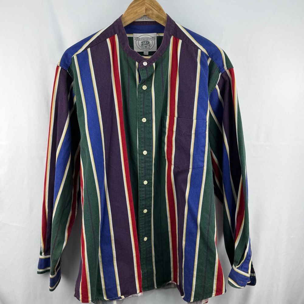 Vintage‎ John Ashford Sport Striped Band Collar Shirt Casual Button Down Top L